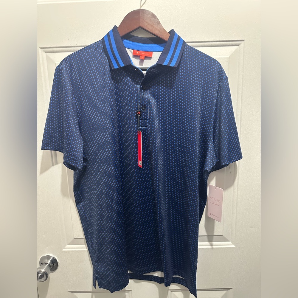 Navy Patterned Polo Shirt with Blue Accents
